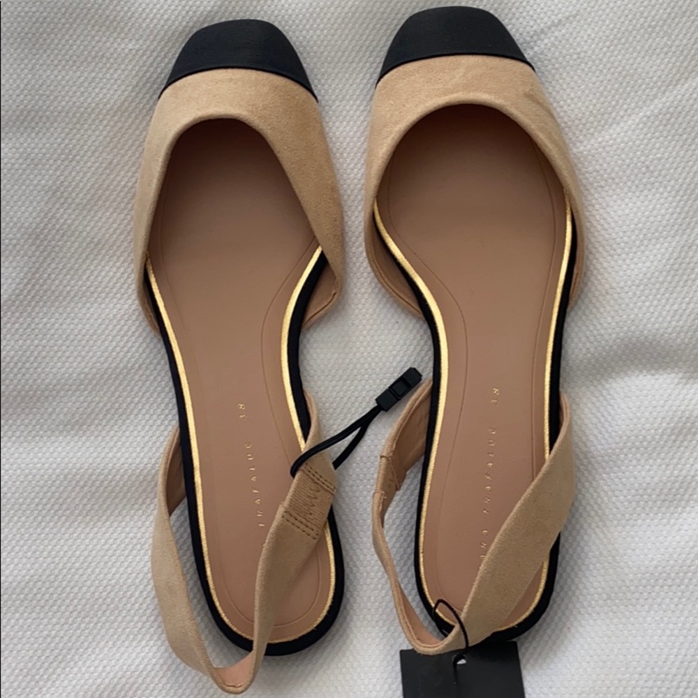 Zara tan and black slingback flats